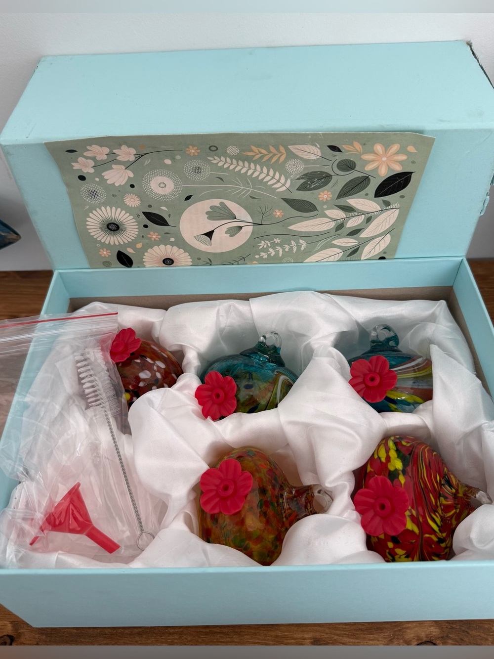 Hummingbird Feeders (5) Small Hand Blown Glass Colorful NEw